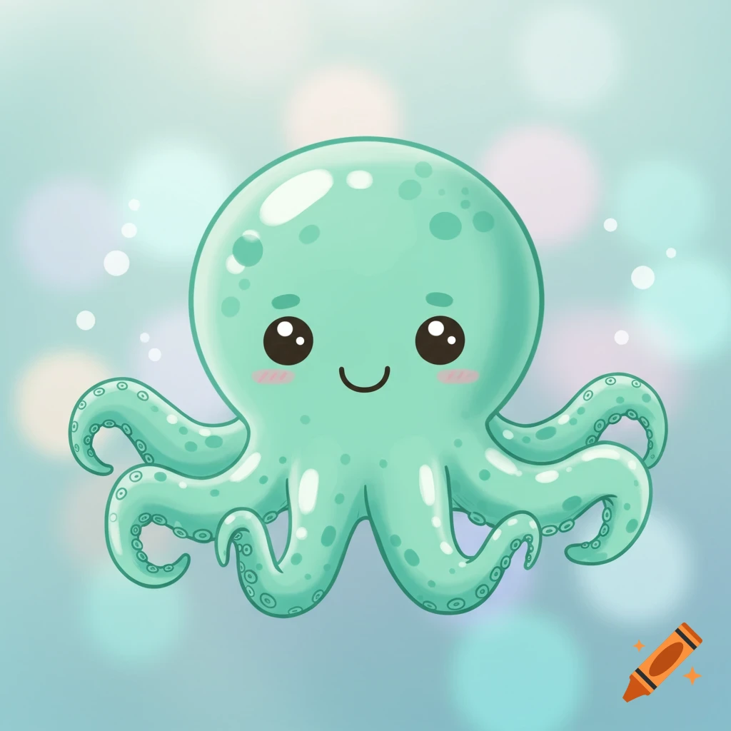 A cute mint green cartoon octopus floats in a bubbly blue background.