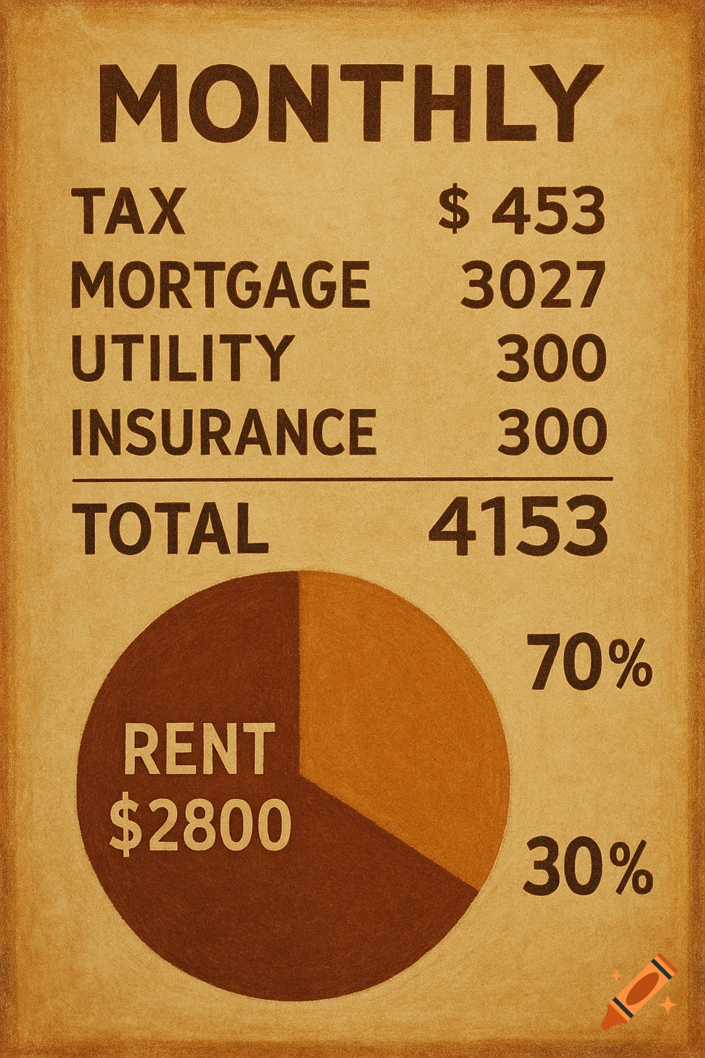 A monthly financial breakdown listing expenses and a pie chart showing rent percentage and amount.