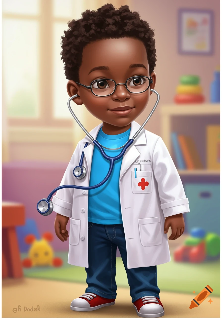 Cartoon Black boy dressed as a doctor holding a stethoscope.