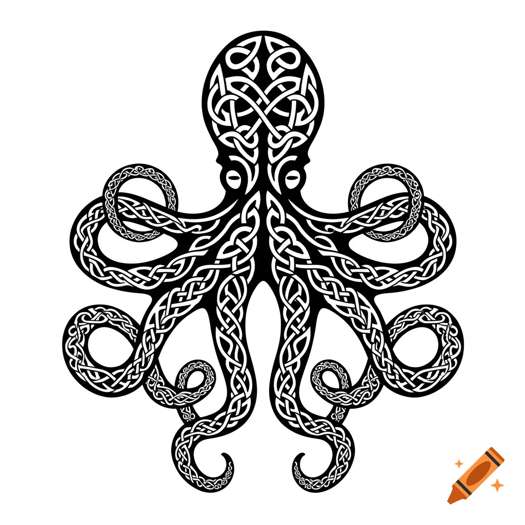 A stylized octopus made of black and white Celtic knots.