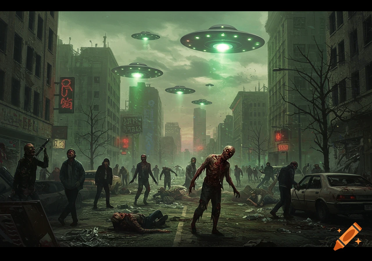 Digital painting of zombies shambling down a ruined city street under multiple hovering UFOs.