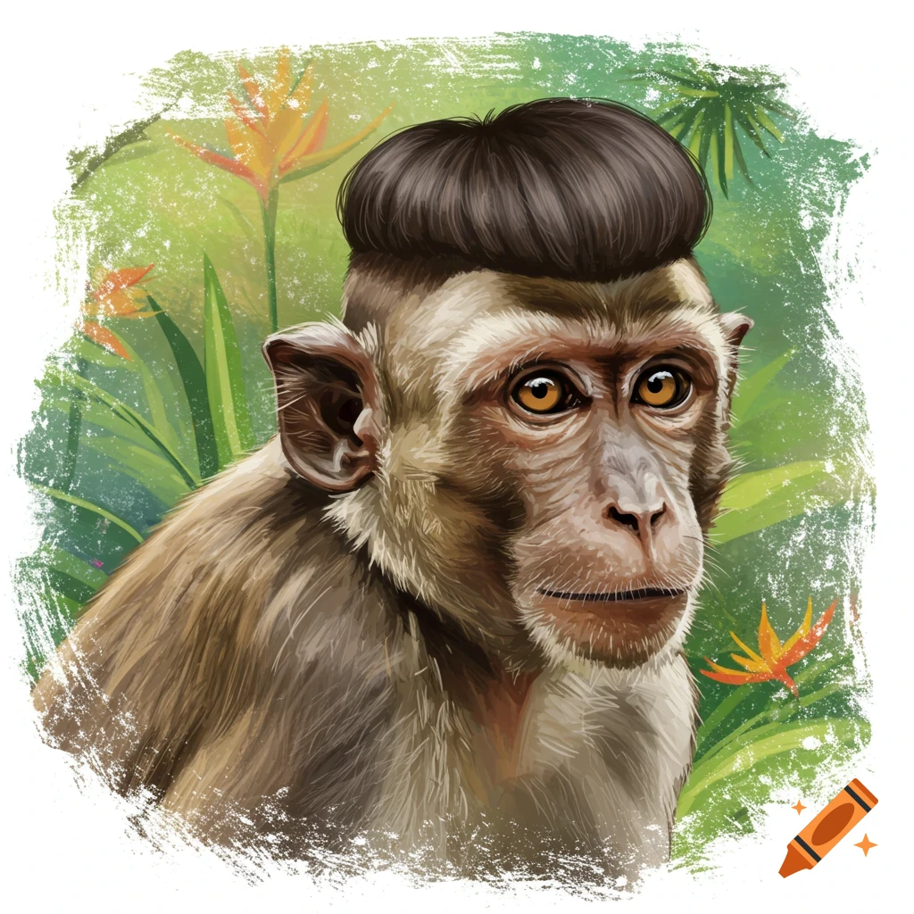 Digital painting of a monkey with a low taper fade haircut in a tropical setting.