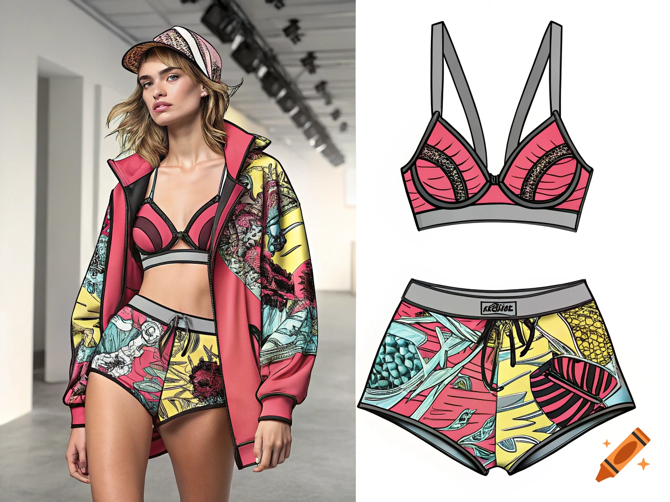 Woman in stylized streetwear lingerie and jacket next to a flat lay illustration of the outfit.