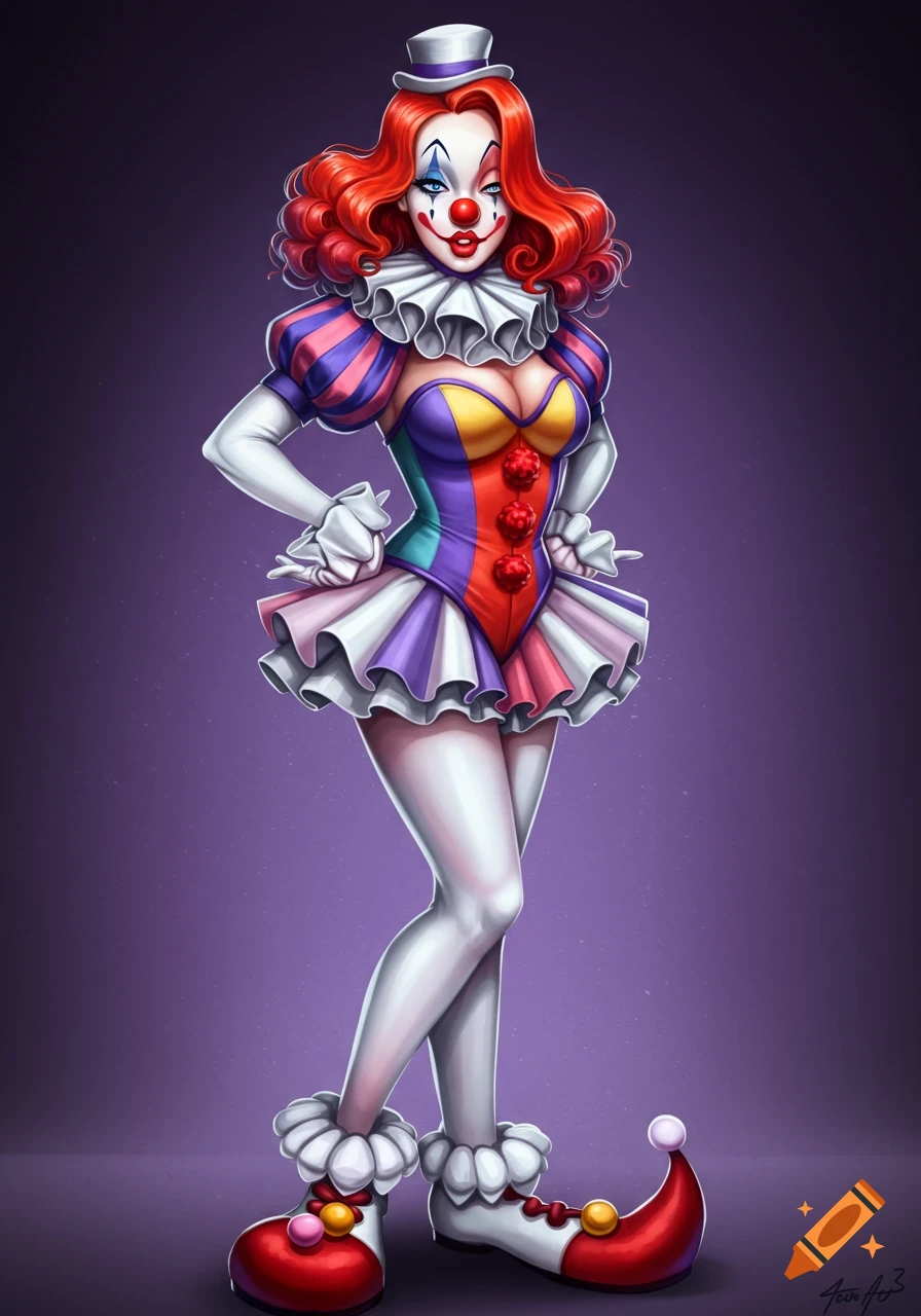 Stylized illustration of a female clown in a colorful costume on Craiyon
