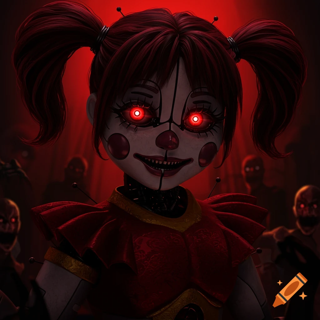 Creepy animatronic girl with glowing red eyes and sharp teeth in a dark room.