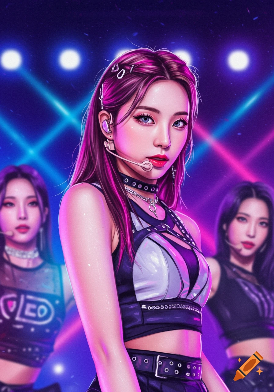 Stylized portrait of a young woman with pink hair and headset performing on a stage with neon lights.