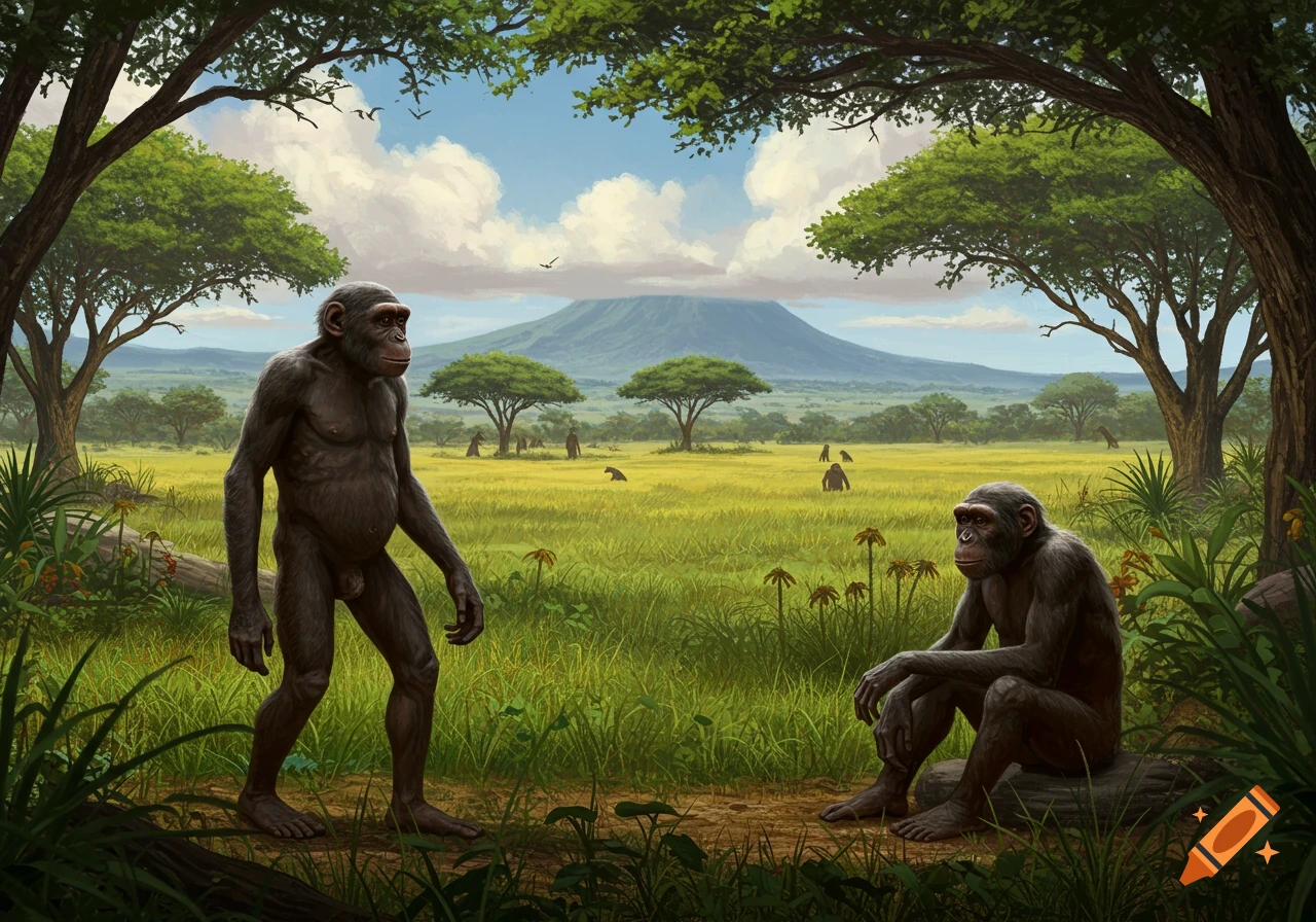 Two ape-like figures stand and sit in a grassy savanna with trees and a mountain, in an illustration style.