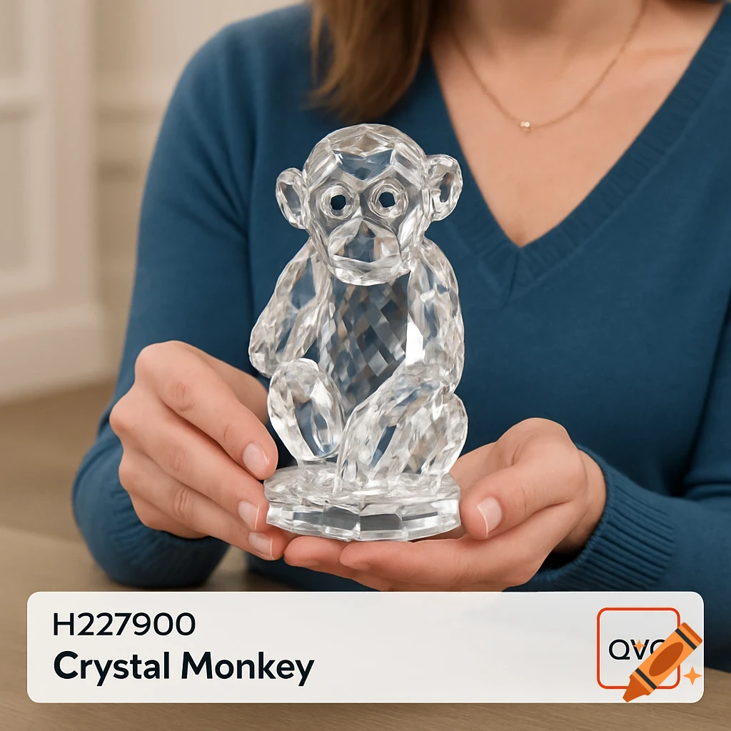 Person holding a faceted crystal monkey figurine with product text overlay