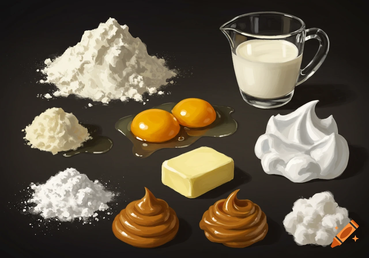 Illustrative still life of baking ingredients including flour, egg yolks, milk, butter, powdered sugar, dulce de leche, and egg whites.