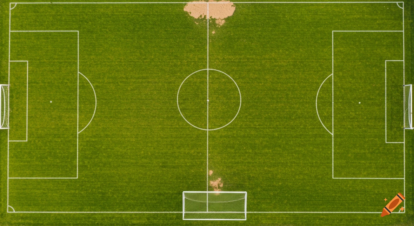Aerial view of a green soccer field with white lines, goals, and sandy patches.