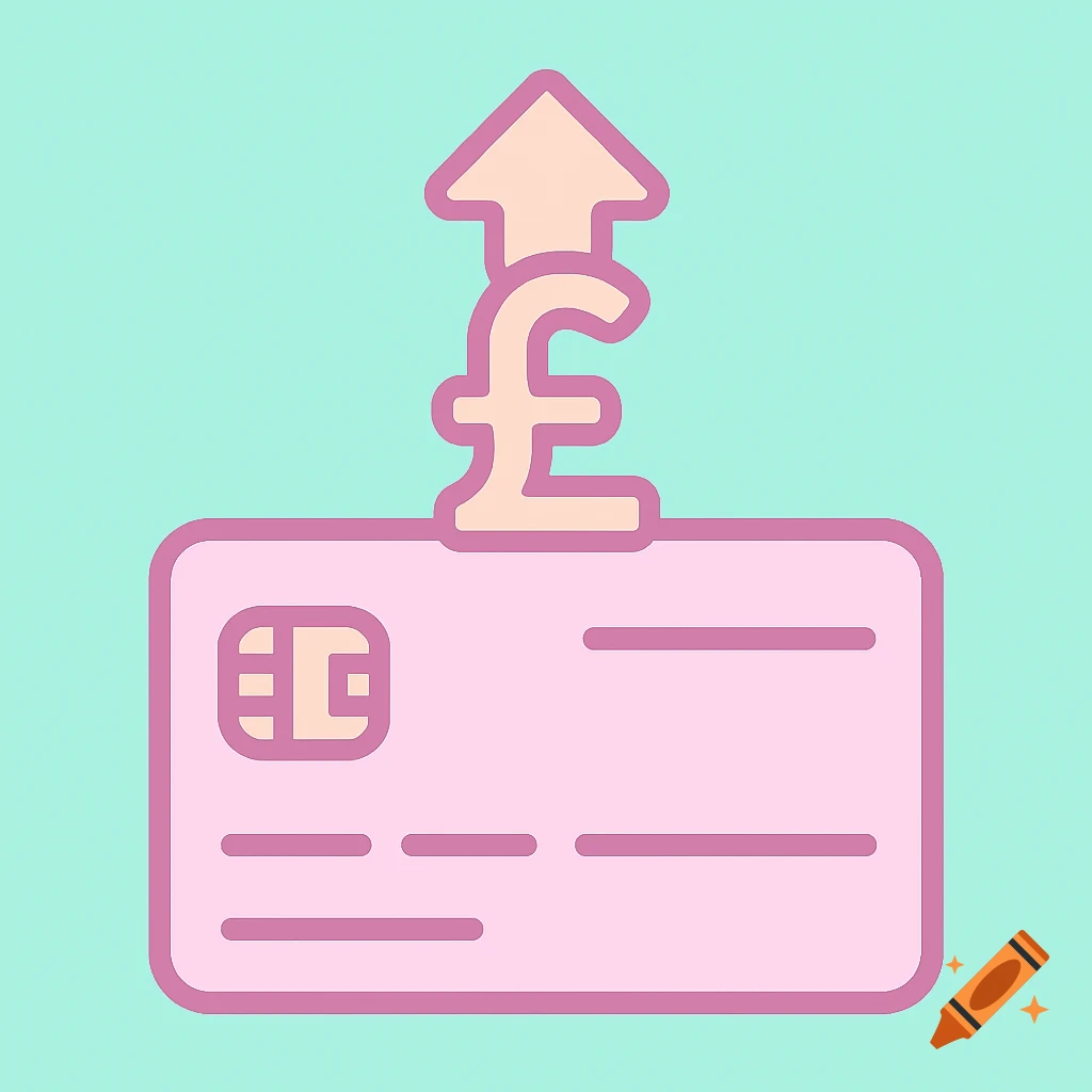 Vector illustration of a pink credit card with a rising pound symbol.