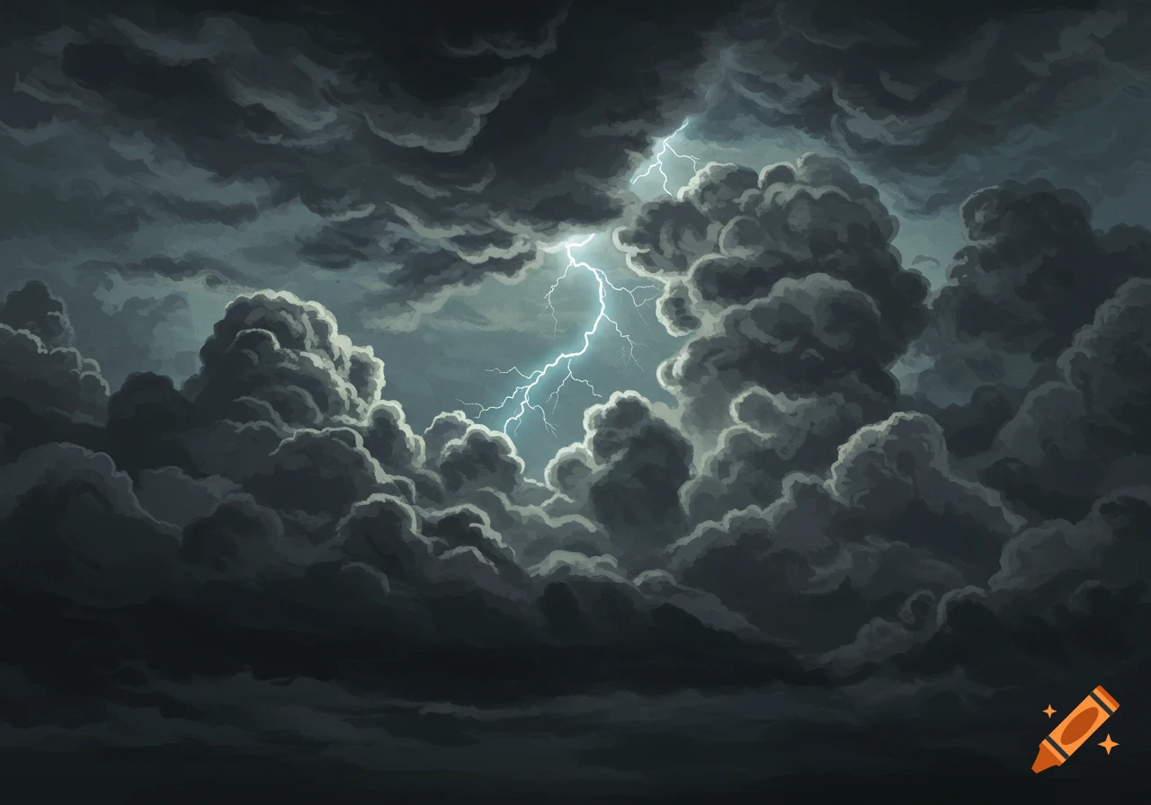 Dark stormy clouds with bright lightning bolt