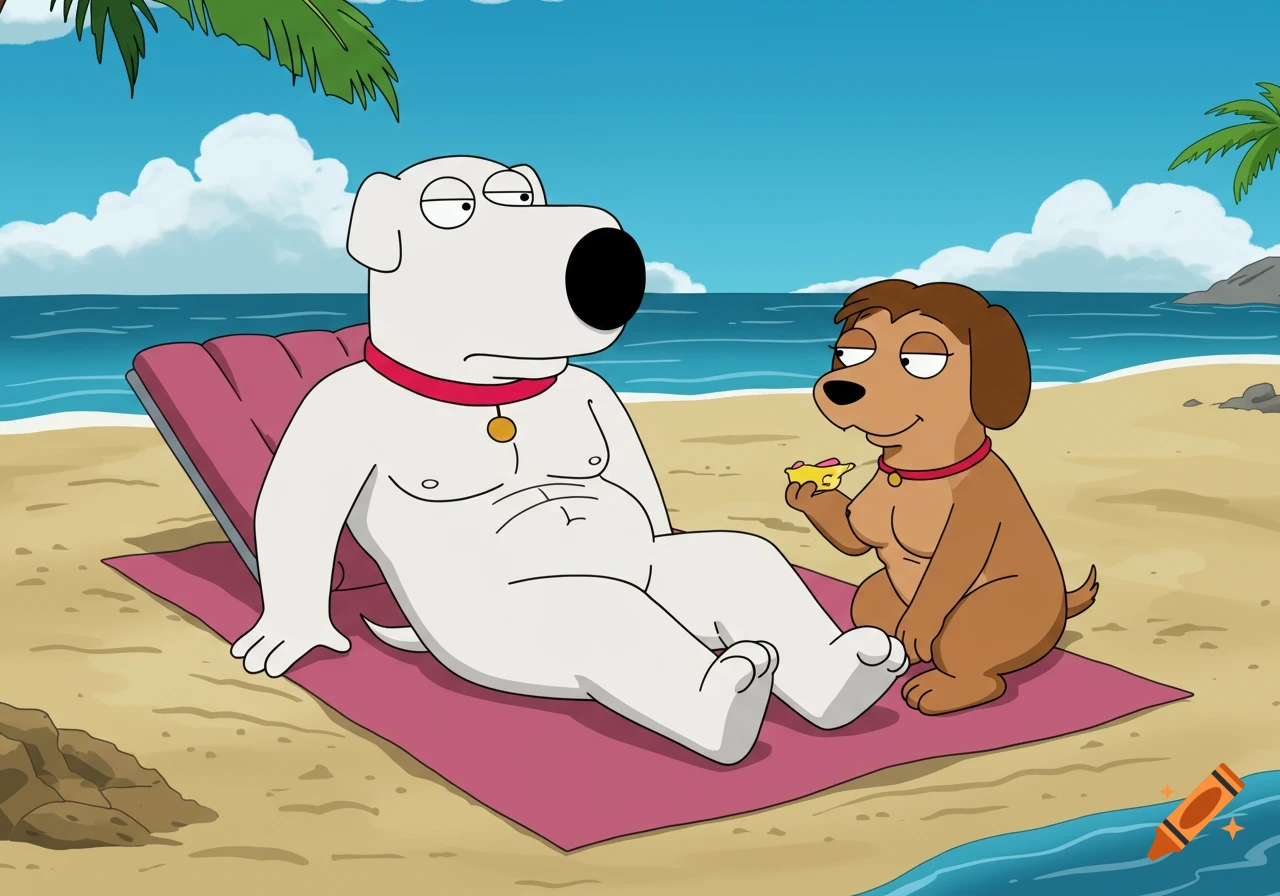 Cartoon dogs Brian and a female sit on a beach towel