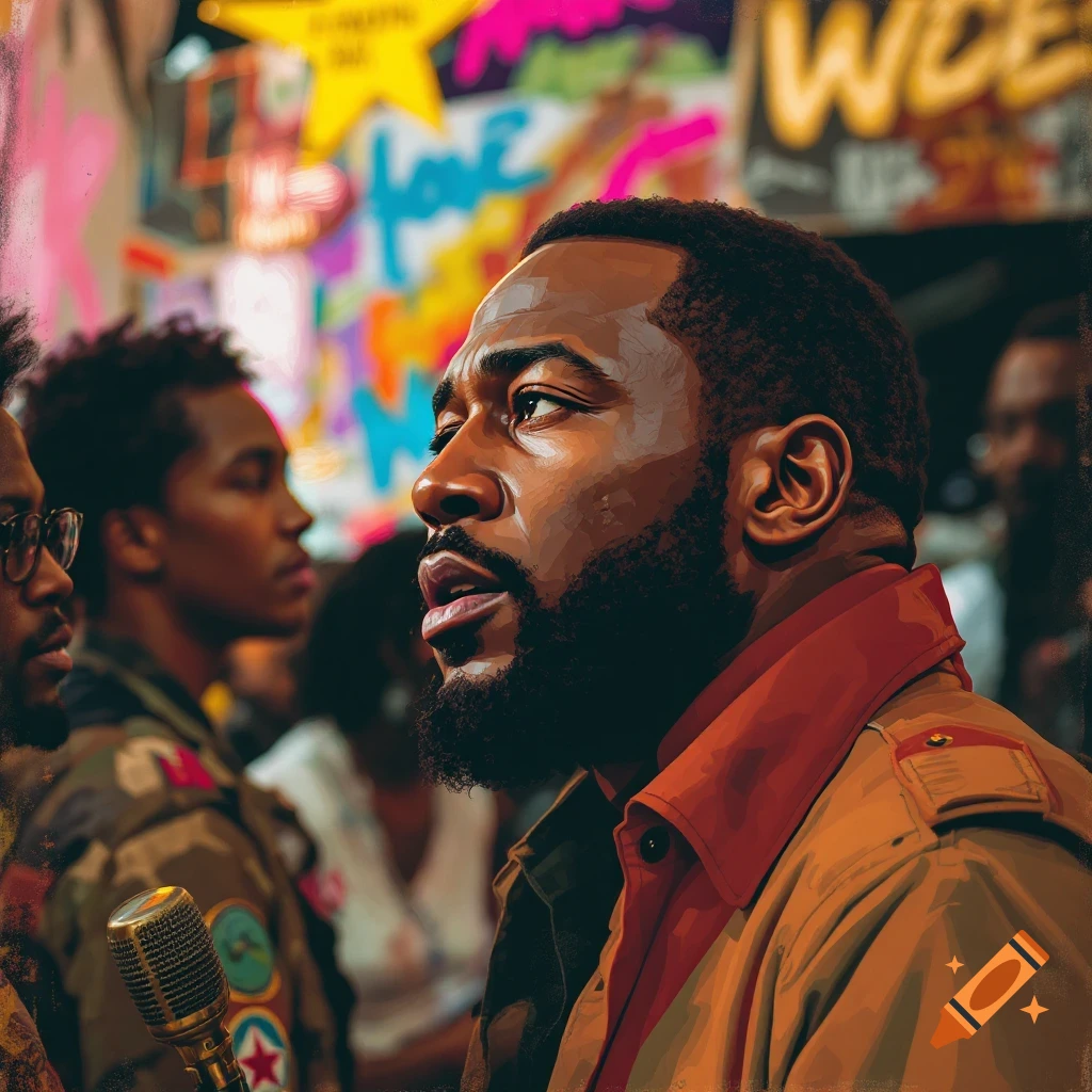 Illustrative portrait of a Black man speaking into a microphone in front of a colorful graffiti background.