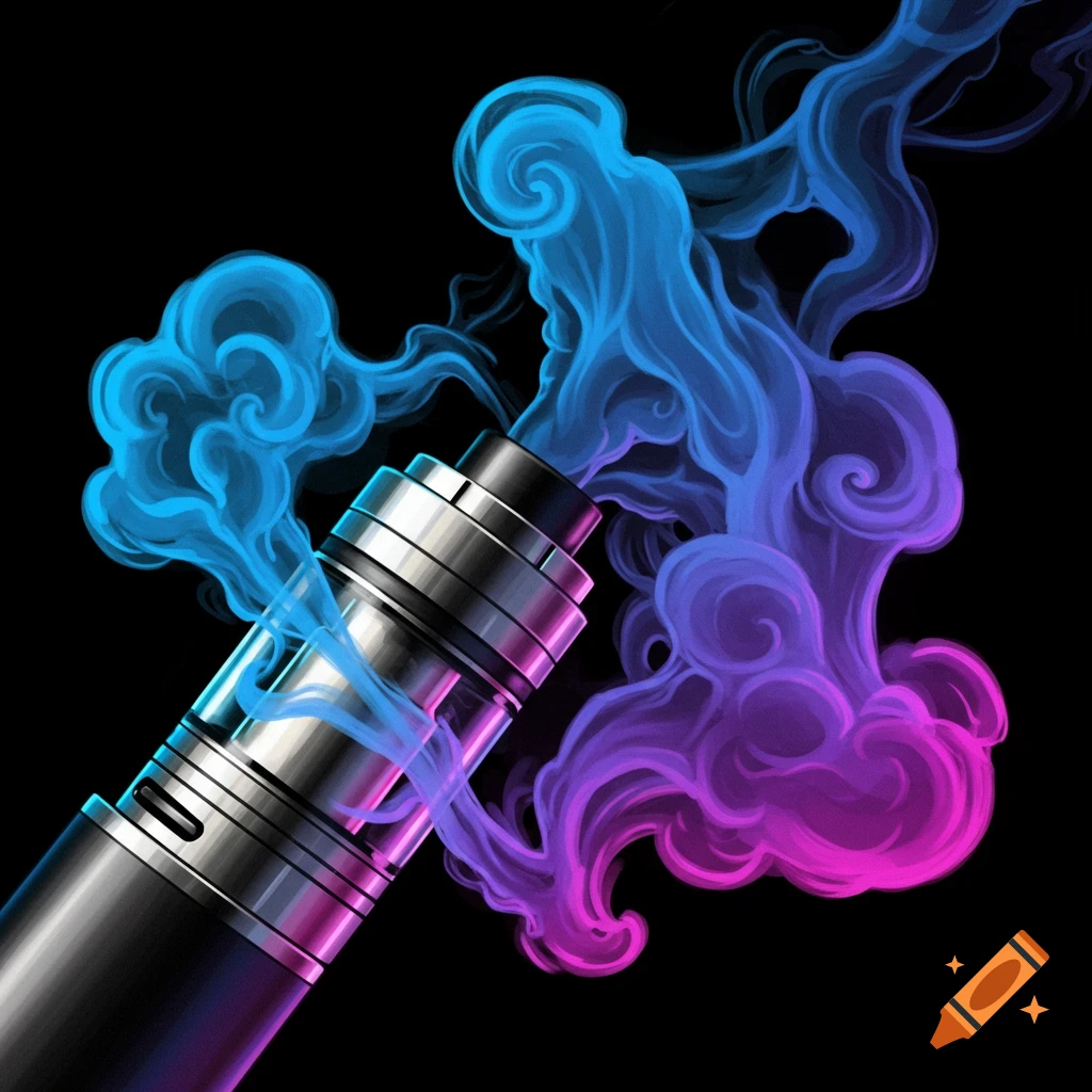 A metallic vape pen with swirling blue and pink smoke against a black background.
