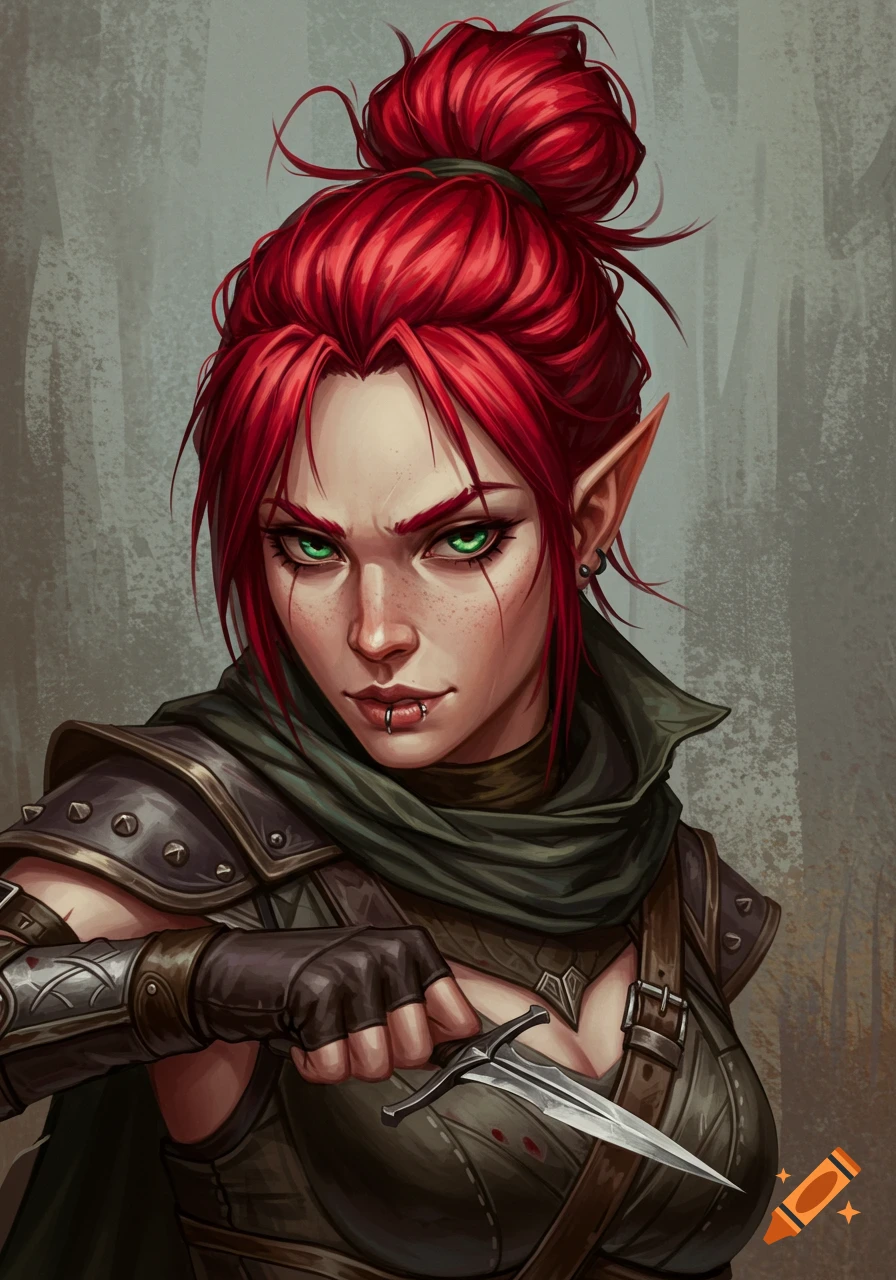 A red-haired rogue with pointed ears holds a dagger. on Craiyon