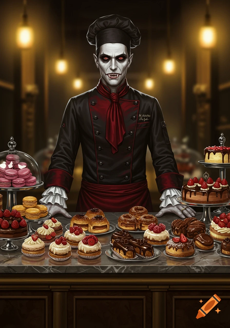 Illustration of a vampire pastry chef standing behind a counter filled with cakes, macarons, and pastries.