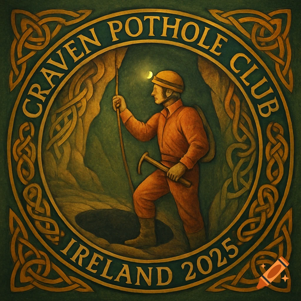 Illustration of a caver in a cave, framed by a circular Celtic knot design. Text reads 'Craven Pothole Club, Ireland 2025'.
