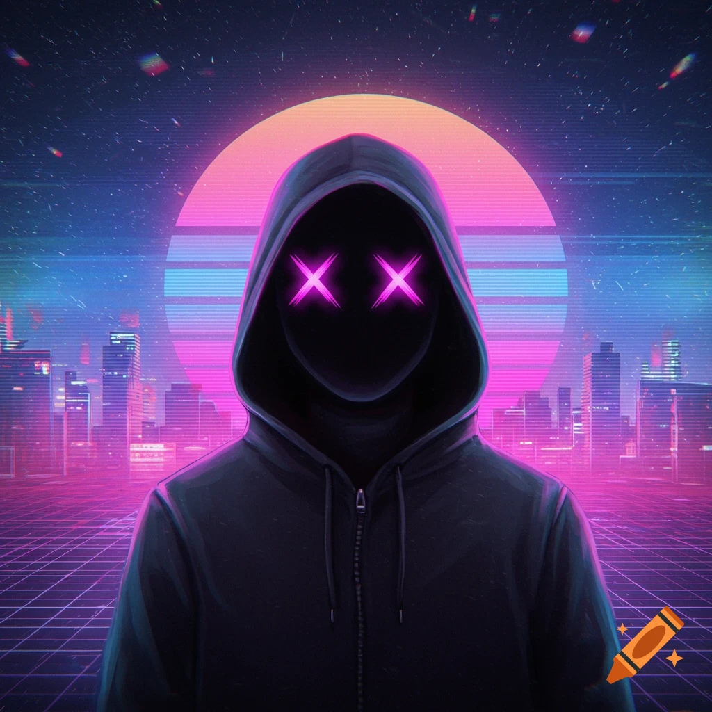 Hooded figure with glowing X eyes in a vaporwave cityscape