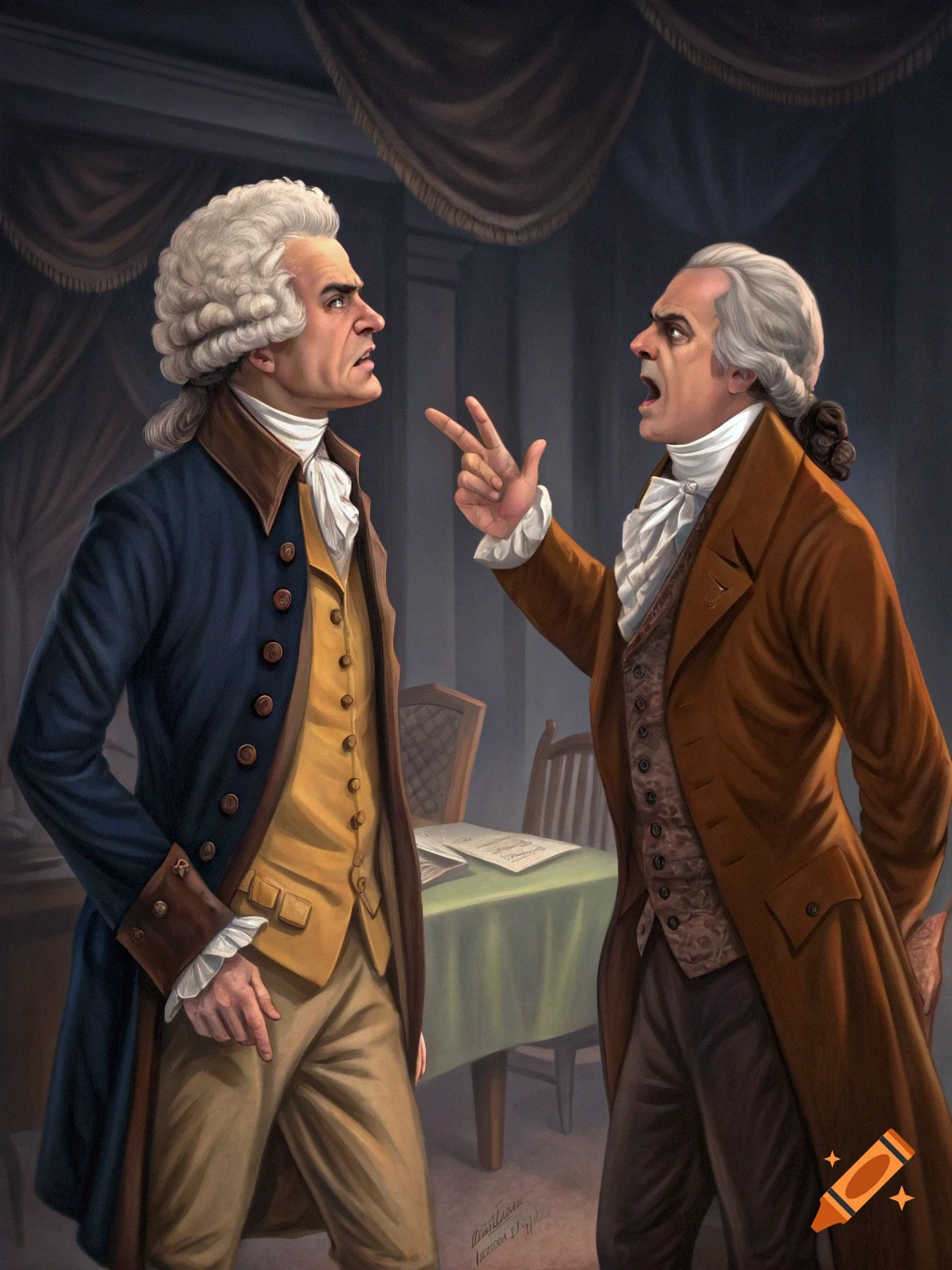 Two men in historical clothing arguing