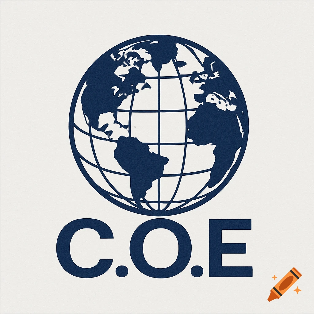 Logo with a blue globe above the letters C.O.E.