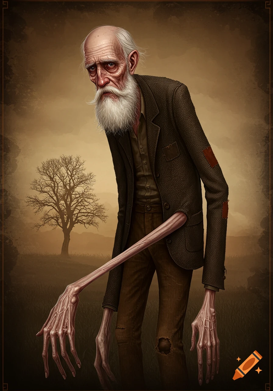 Stylized portrait of an old man with extremely long, thin arms standing in a field with a tree.