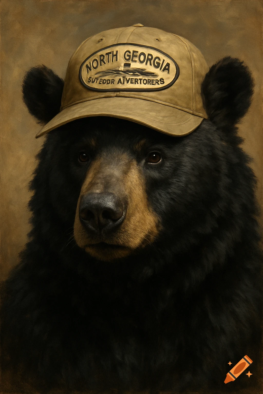 Portrait of a black bear wearing a hat that says North Georgia.