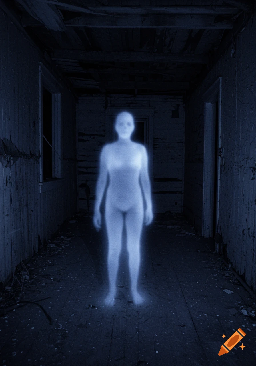A translucent blue ghost stands in a dark, derelict hallway.
