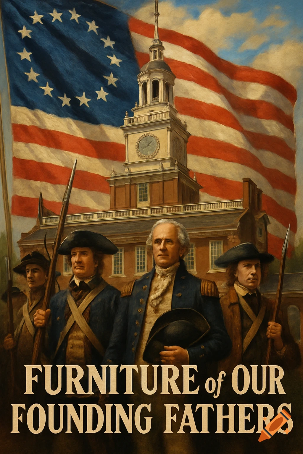 Painting of Revolutionary War figures in front of Independence Hall with a large American flag and text 'Furniture of Our Founding Fathers'.