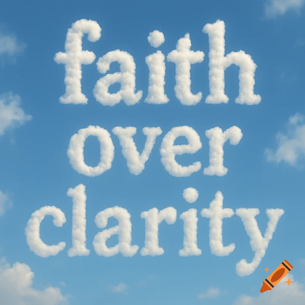 The words 'faith over clarity' formed by clouds in a blue sky.
