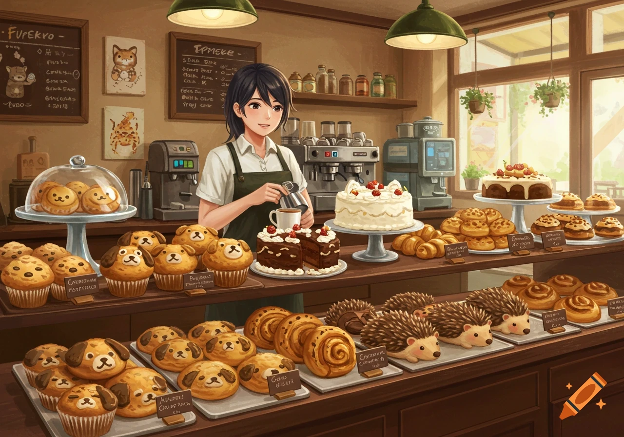 Anime-style barista pours coffee behind a counter filled with animal-shaped muffins and cakes in a cafe.