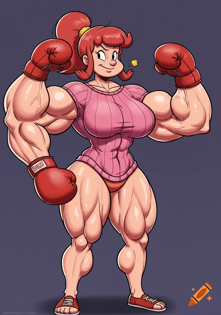 Cartoon woman with red hair, muscles, wearing a pink sweater and red boxing gloves