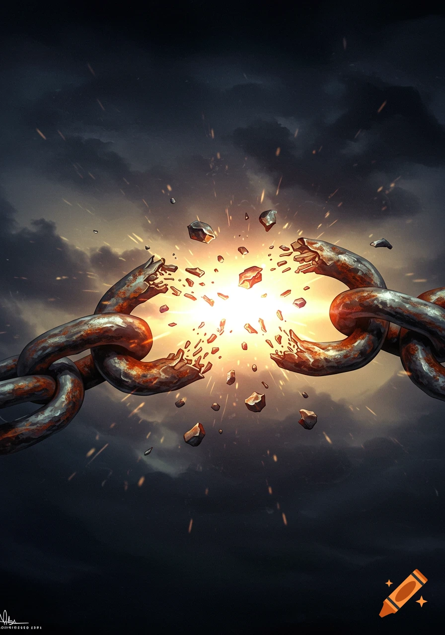 Heavy metal chain breaking apart with light and debris in a dark sky.