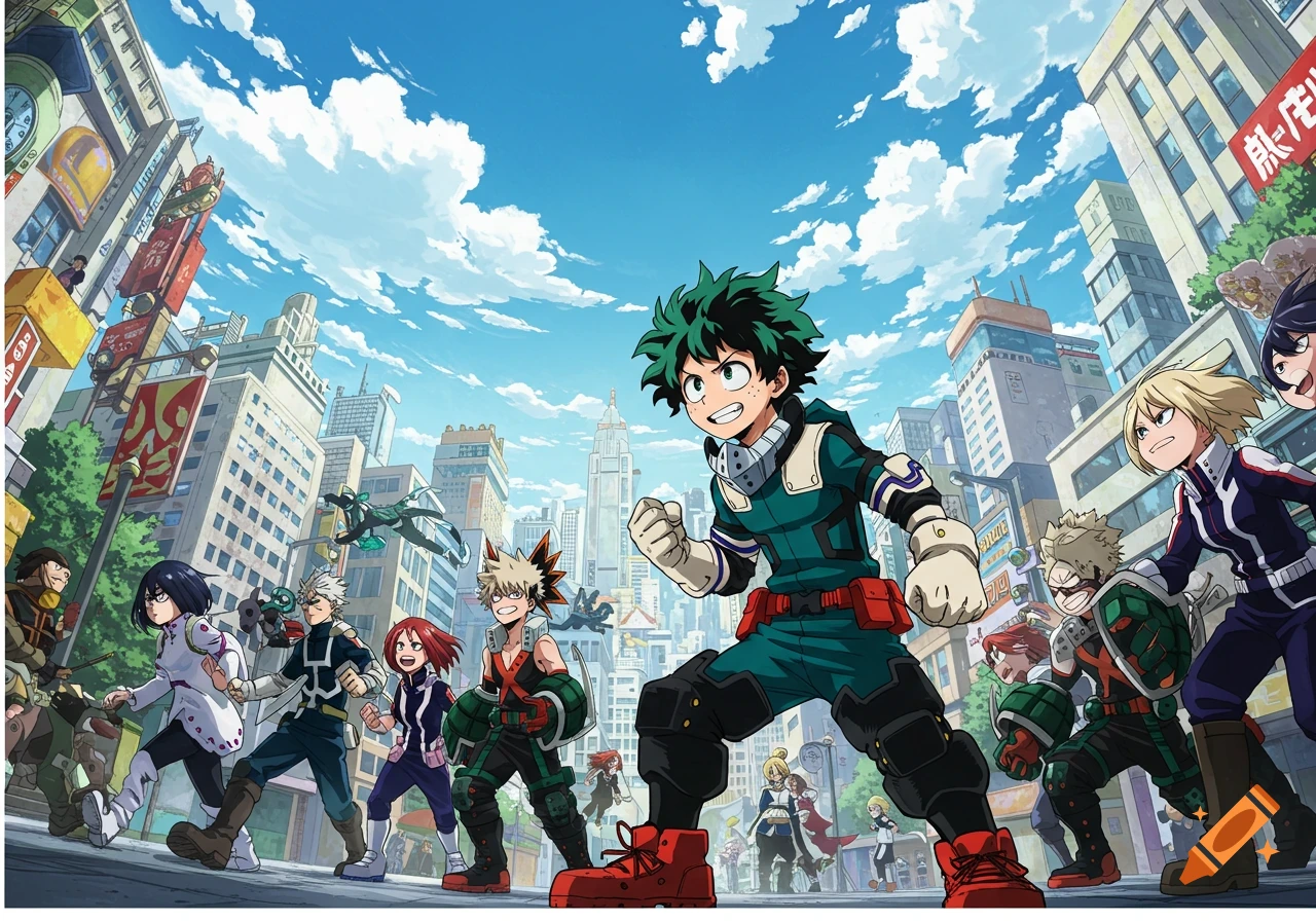 My Hero Academia characters run through a city.