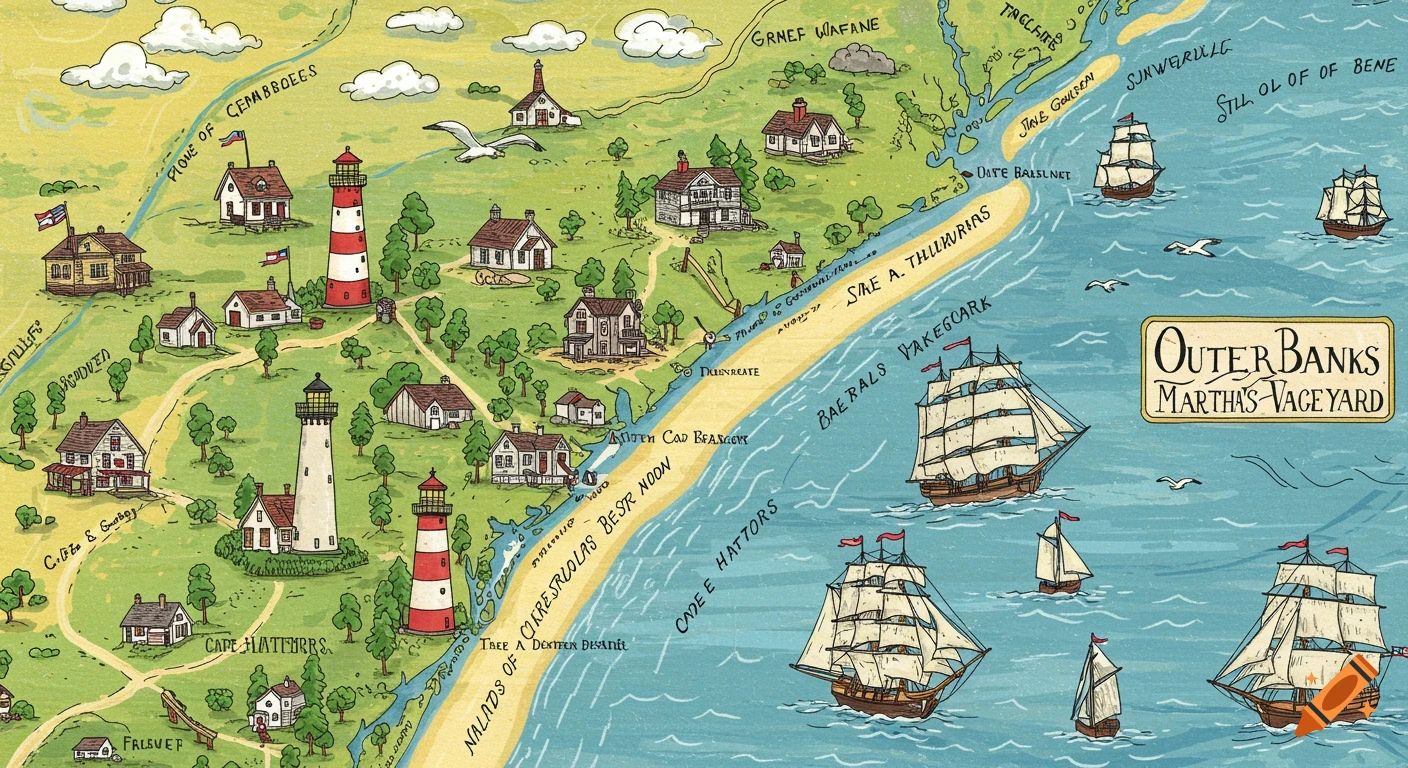 Richly drawn cartoon map of a coastal area with lighthouses, houses, and ships at sea.