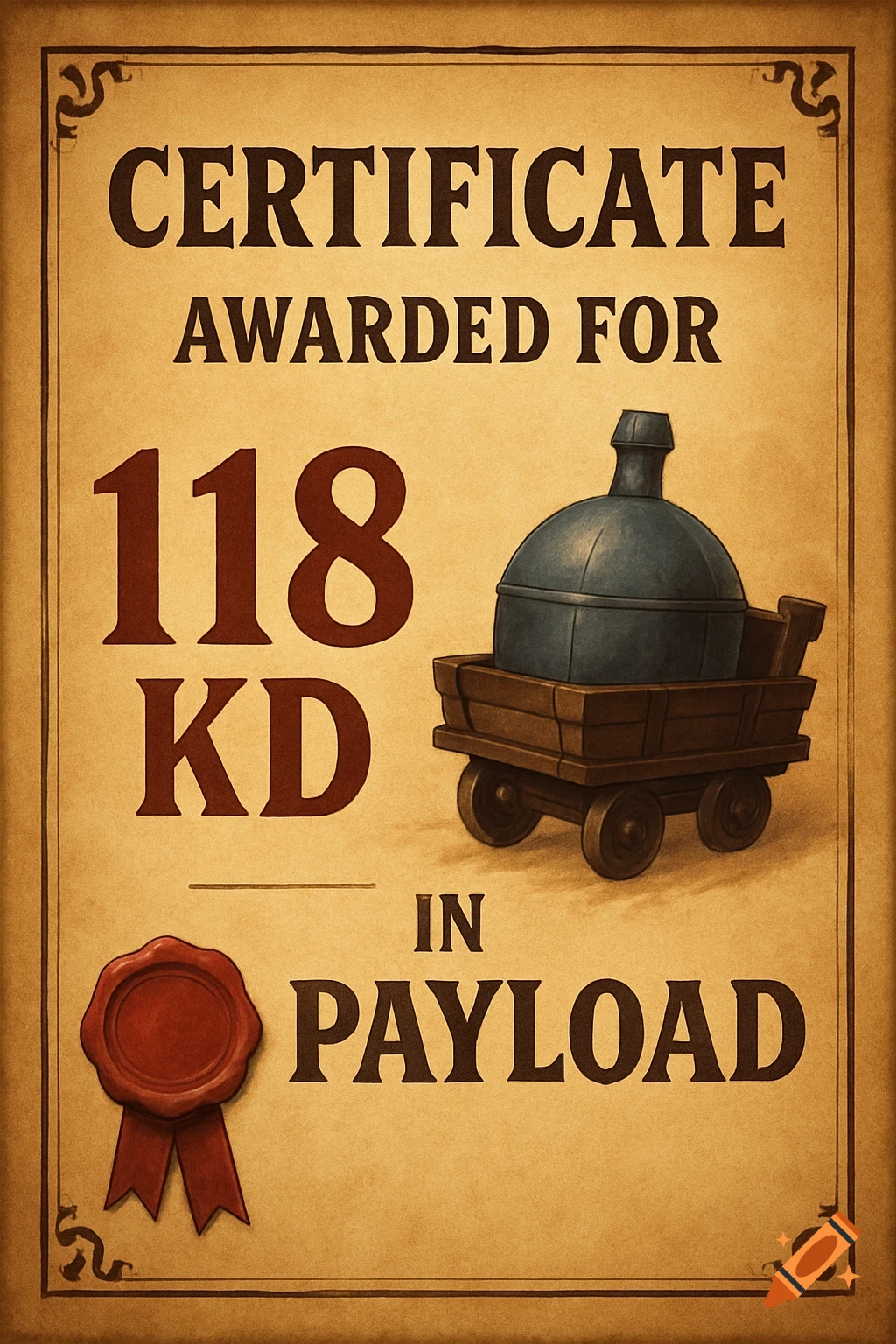 Illustrated certificate for a 118 KD in Payload, featuring text, wax seal, and a cart on aged paper.