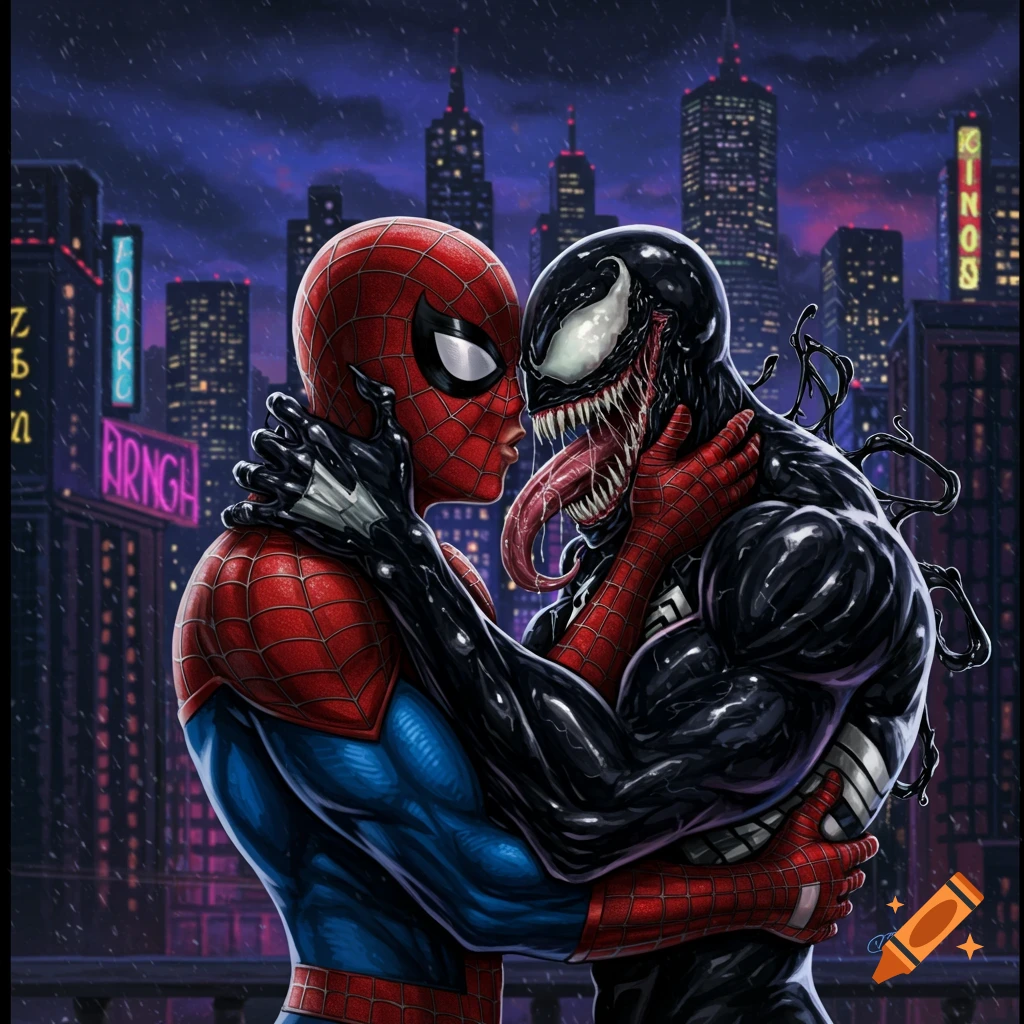 Spider-Man and Venom embrace closely in a rainy city at night, comic art style.