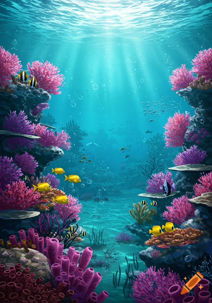 A vibrant underwater scene with sunlight rays, colorful coral, sponges, and tropical fish.