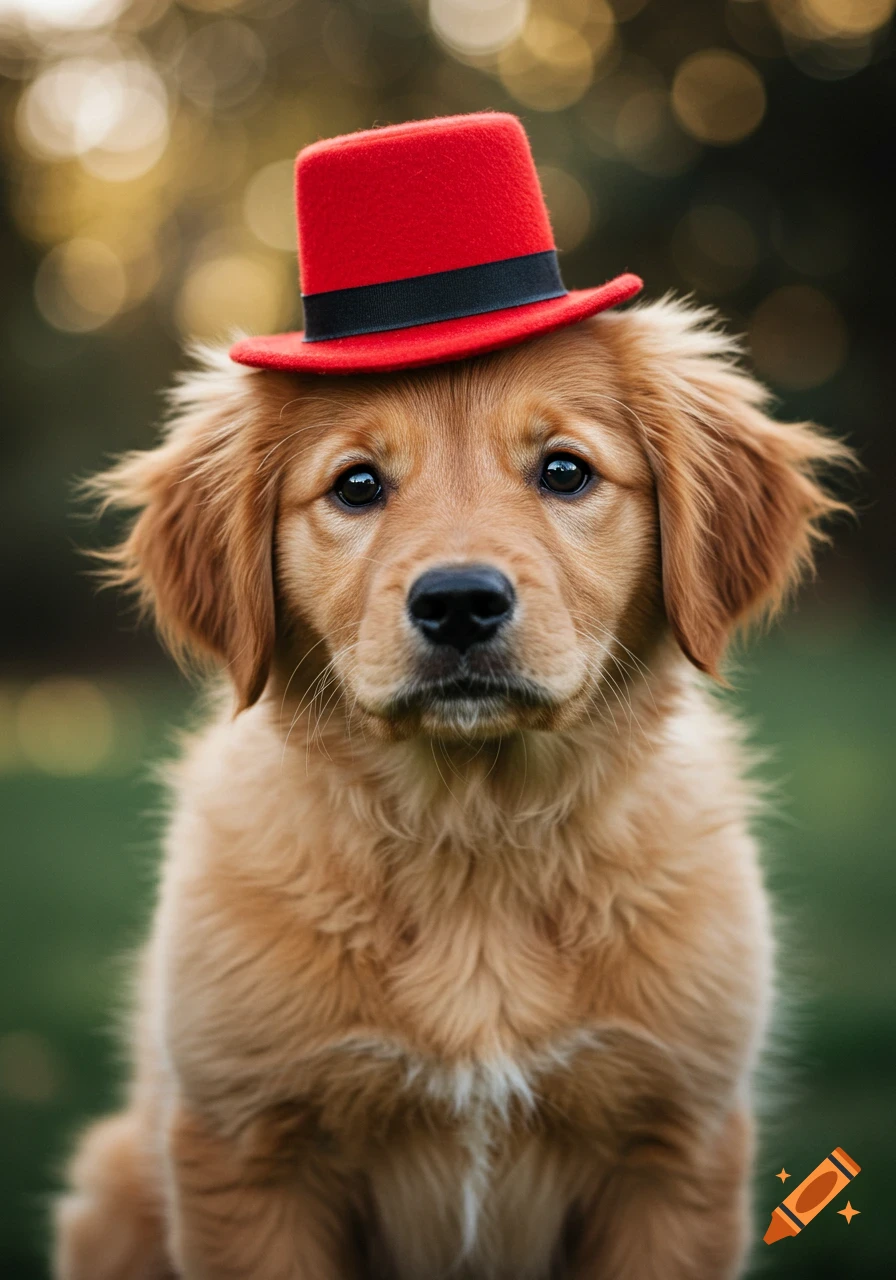 A close-up photo of a golden retriever puppy wearing a small red top hat.