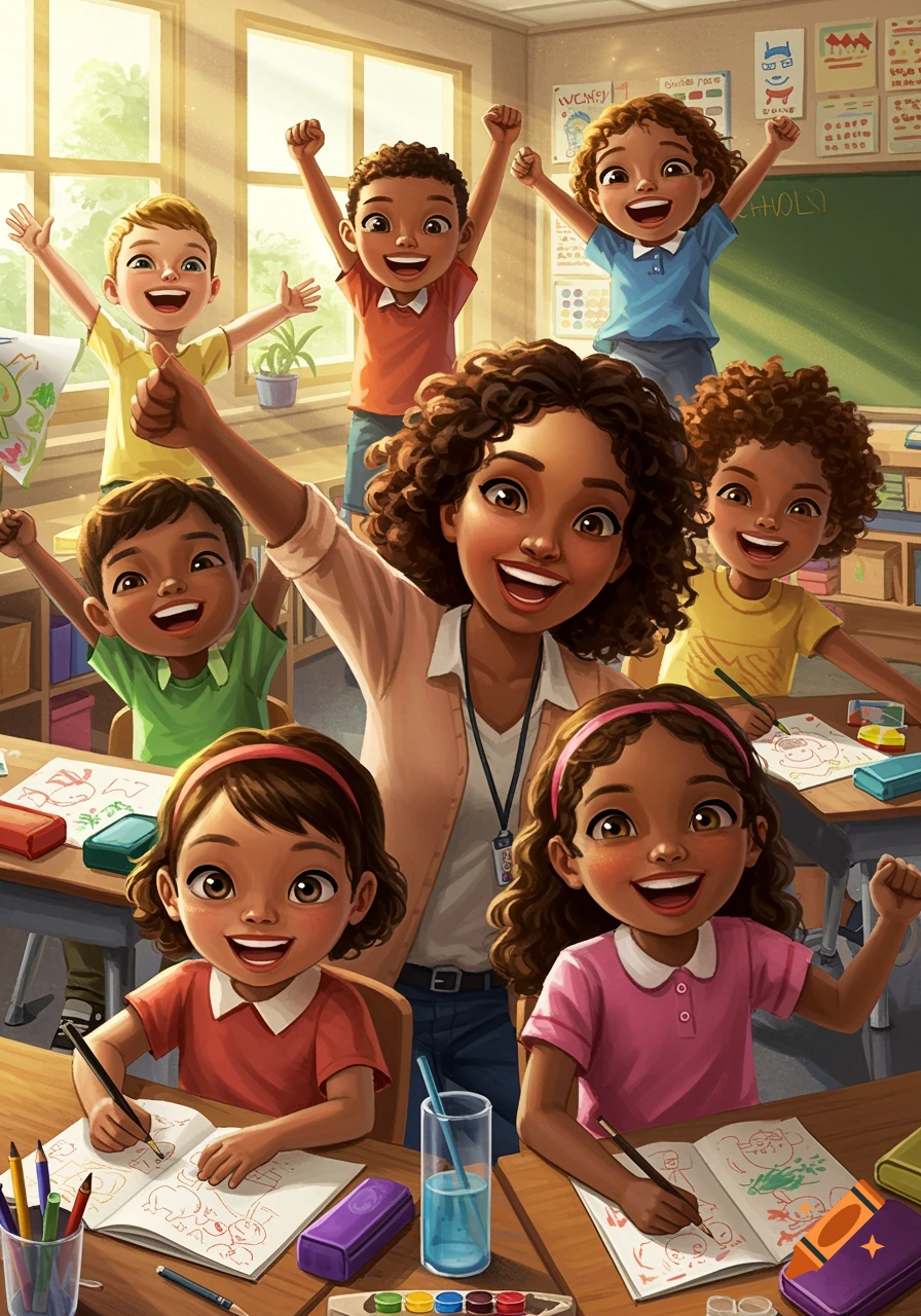 Illustration of a teacher and happy students drawing in a classroom