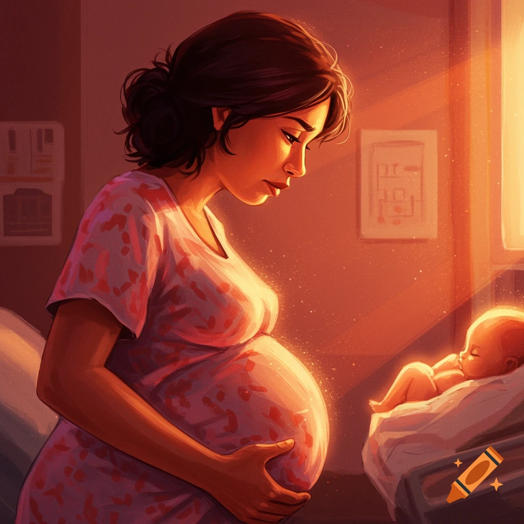 Pregnant woman looks tenderly at newborn baby in a warm, sunlit room.