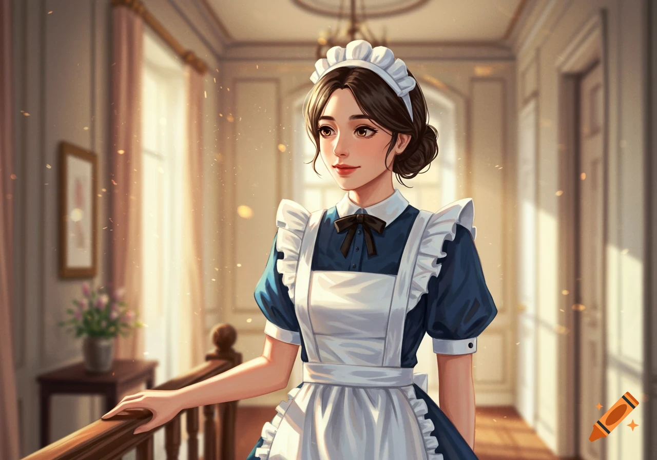 An illustration of a young woman dressed as a maid standing in a hallway.