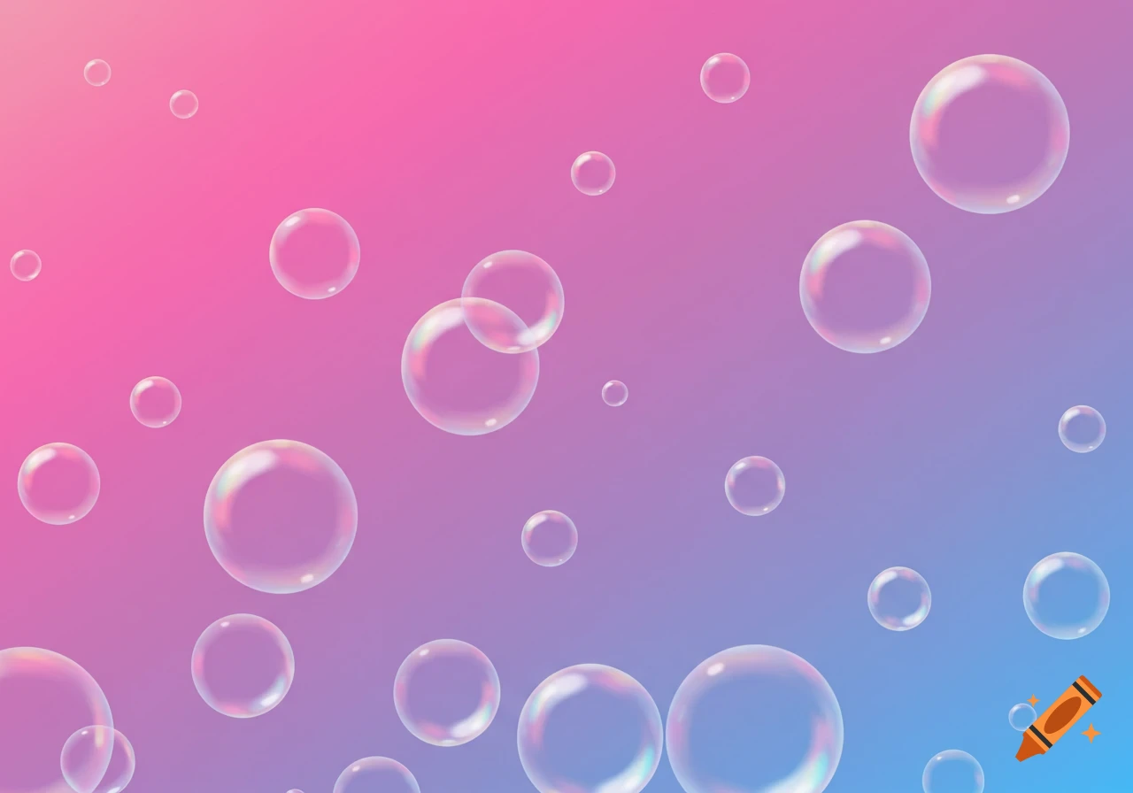 Bubbles float across a pink and blue gradient background.
