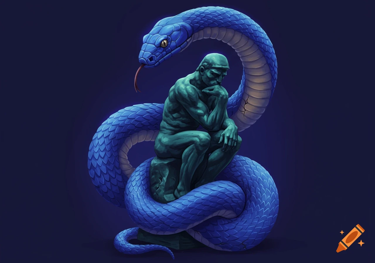 Illustration of a blue snake coiled around a green statue of the Thinker against a dark background.