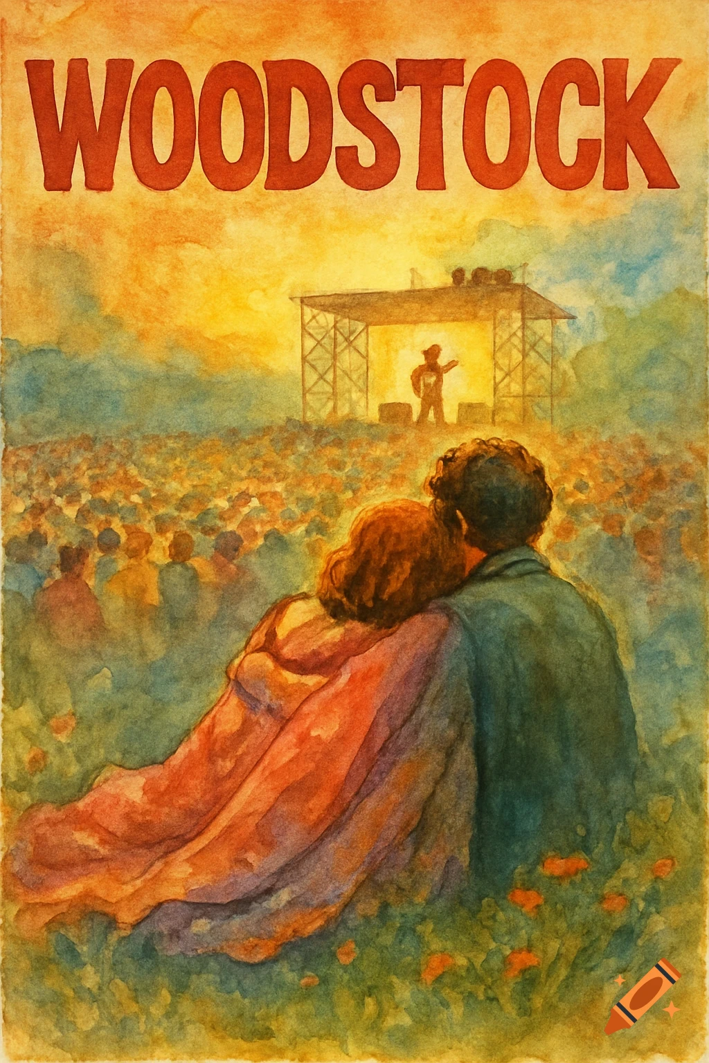 Watercolor poster of a couple watching a musician on stage at Woodstock festival.
