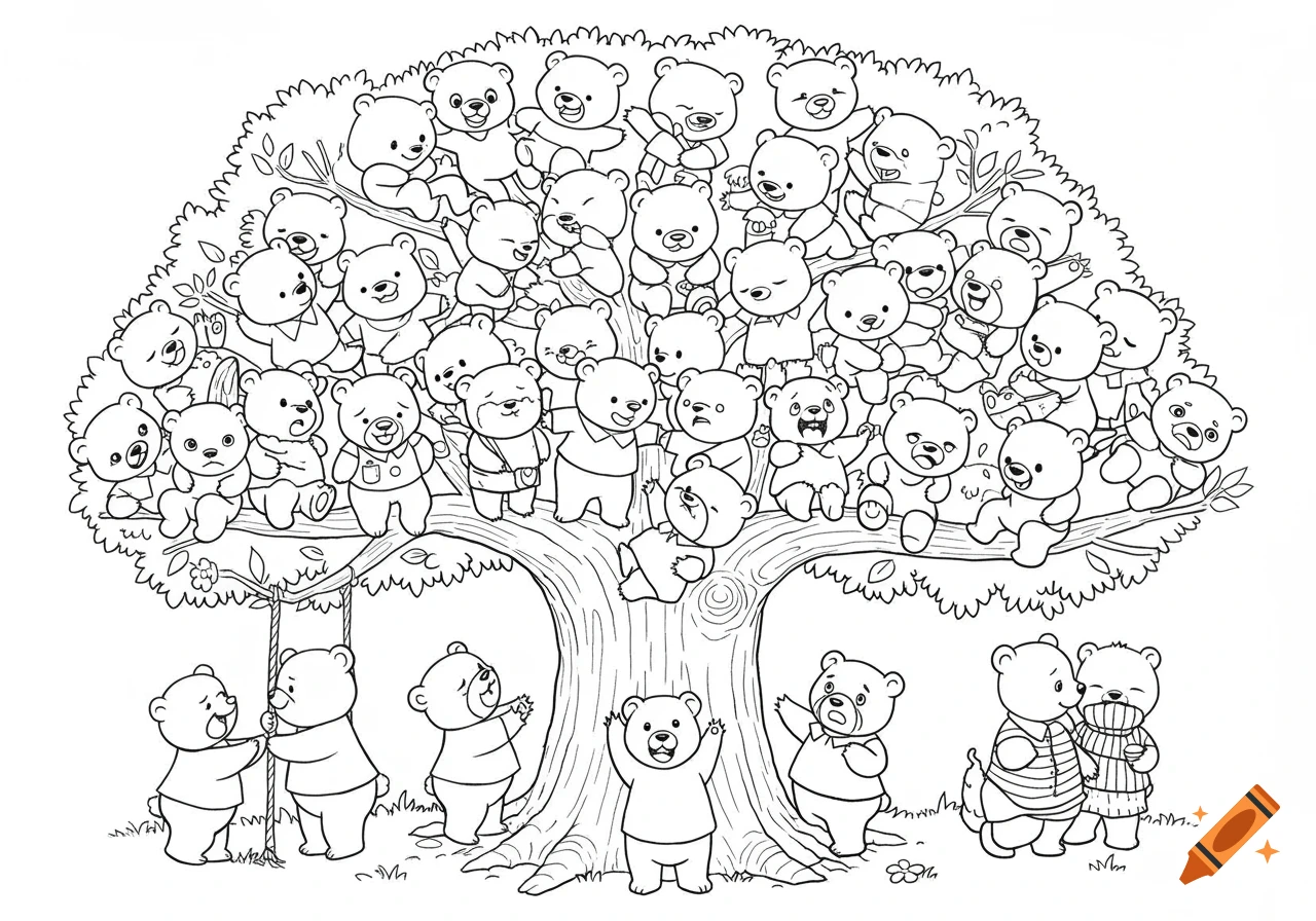 A black and white line art illustration for a coloring book, showing many cartoon bears sitting and playing in and around a large tree.