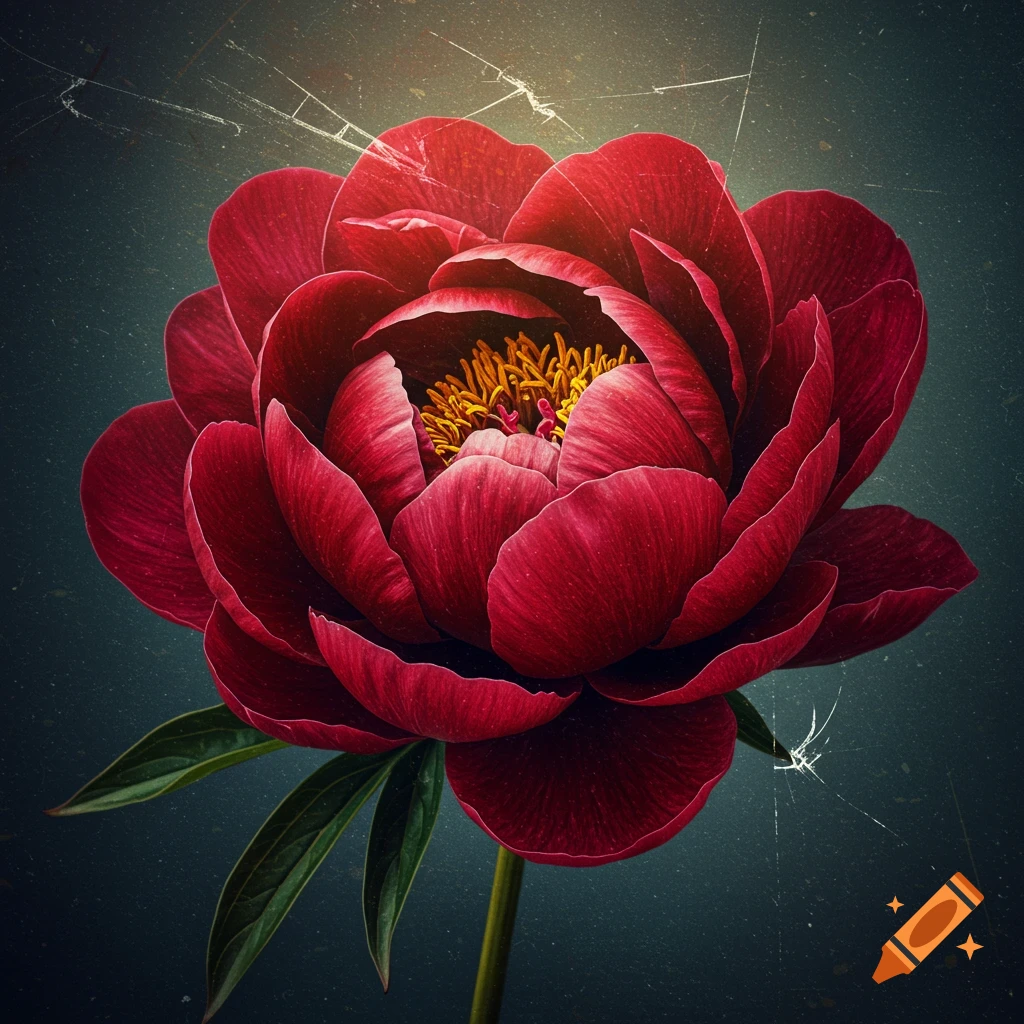 A single red peony flower with a dark grunge background.