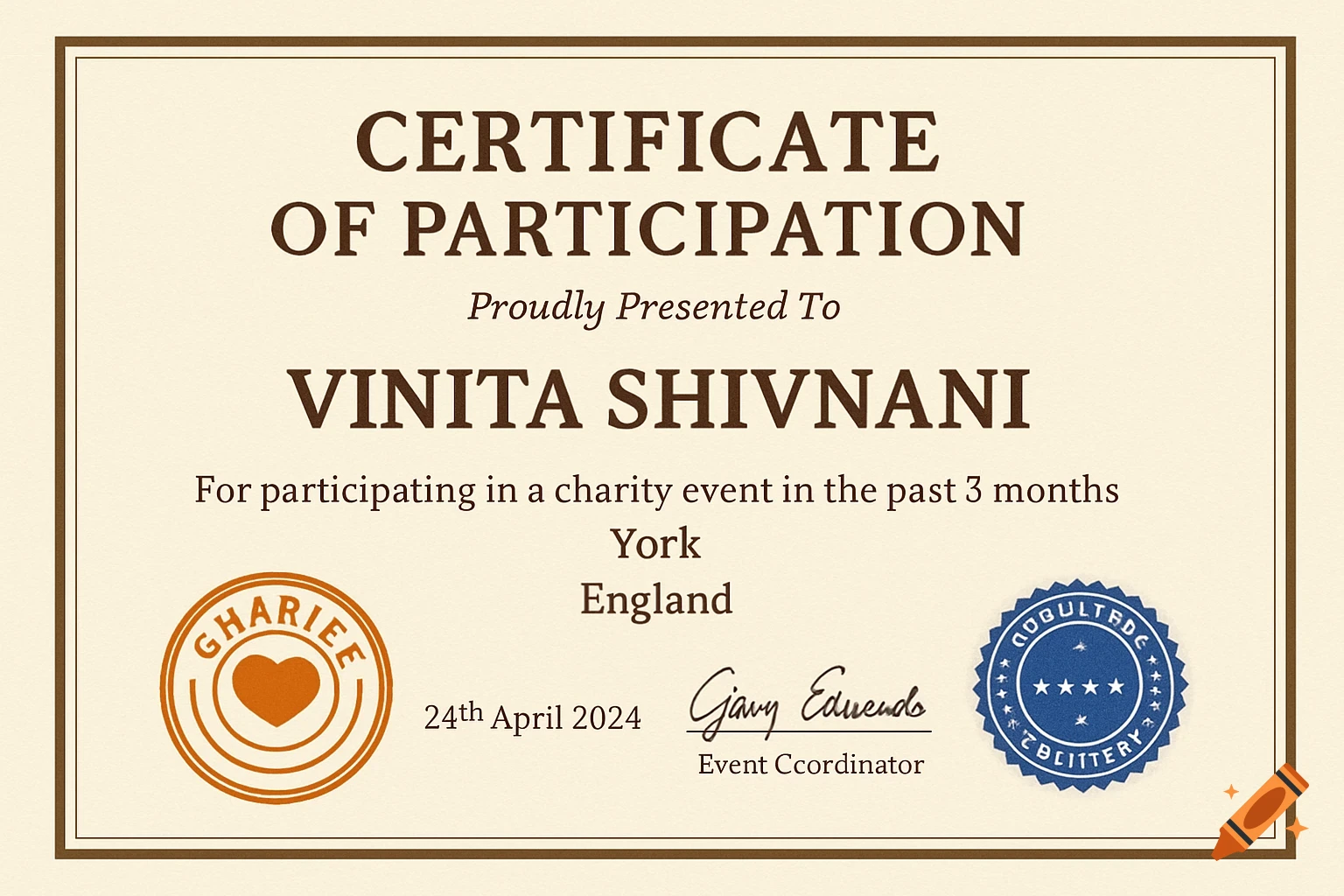 A certificate of participation for Vinita Shivnani for a charity event, featuring text, a date, a signature, and decorative seals.