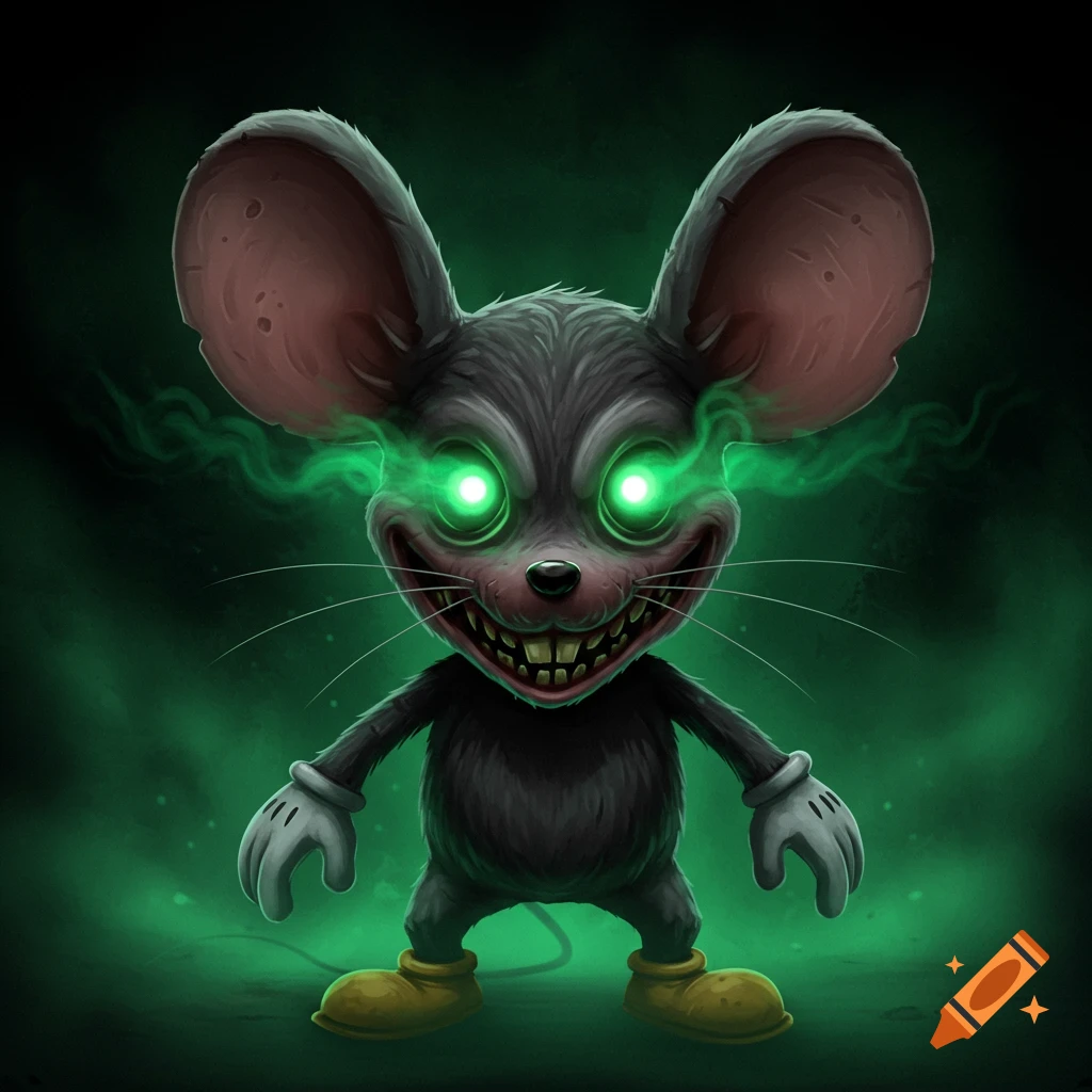 Creepy cartoon mouse like Mickey Mouse with glowing green eyes and sharp teeth in green mist.