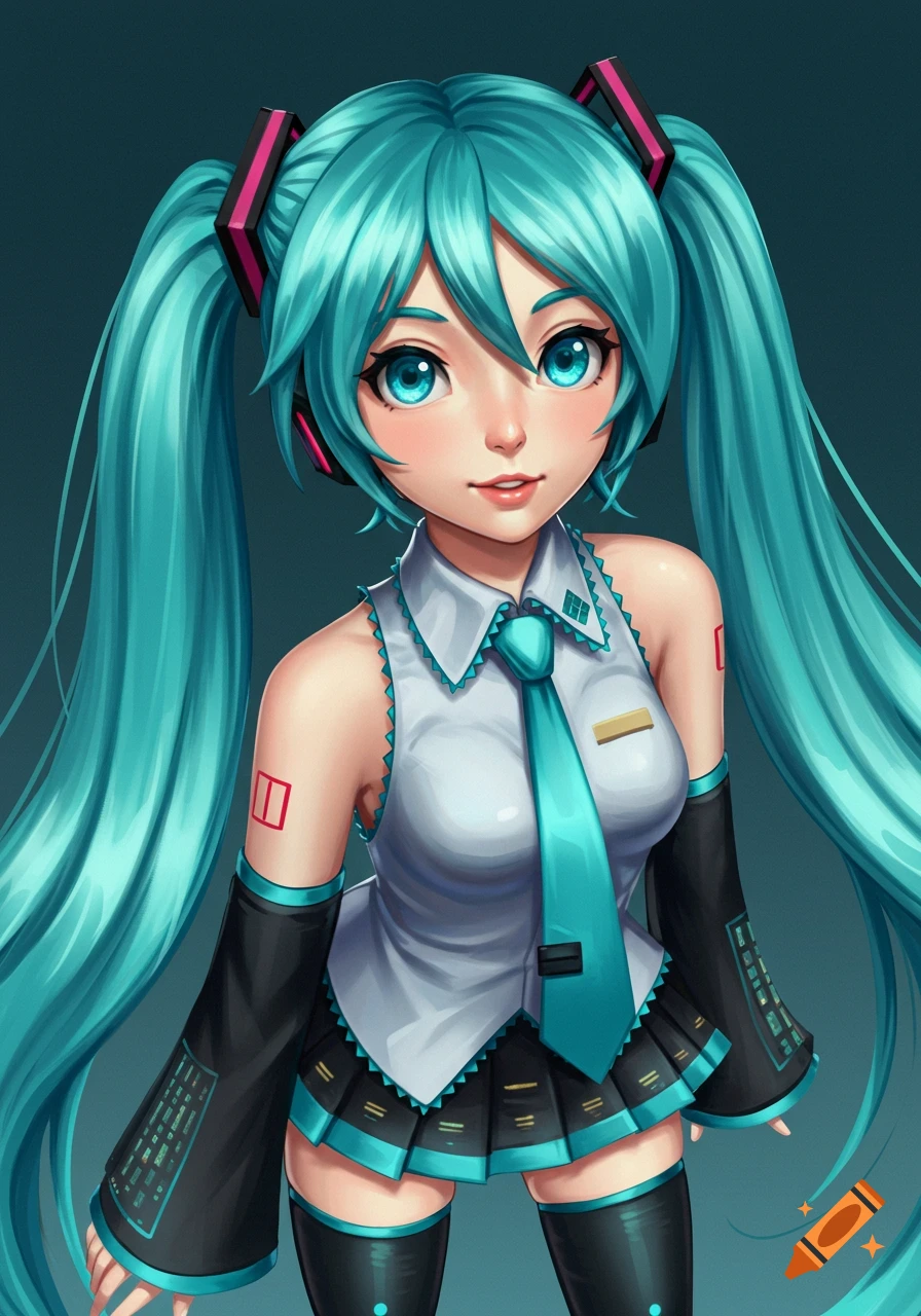 Anime-style portrait of Hatsune Miku with blue pigtails, wearing her signature outfit.